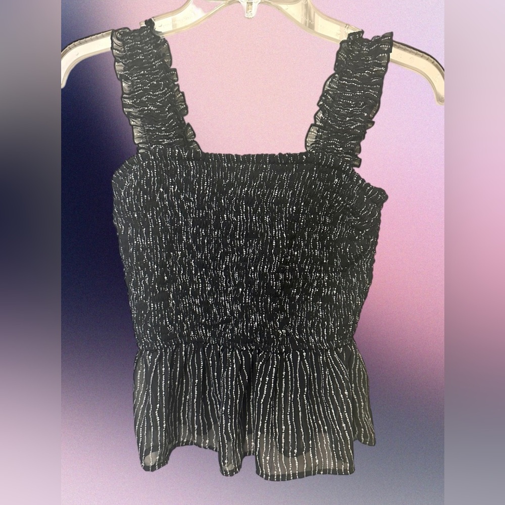 Japra Black & White Pattern Smocked Tank Top With Ruffled Straps- Women’s Size S